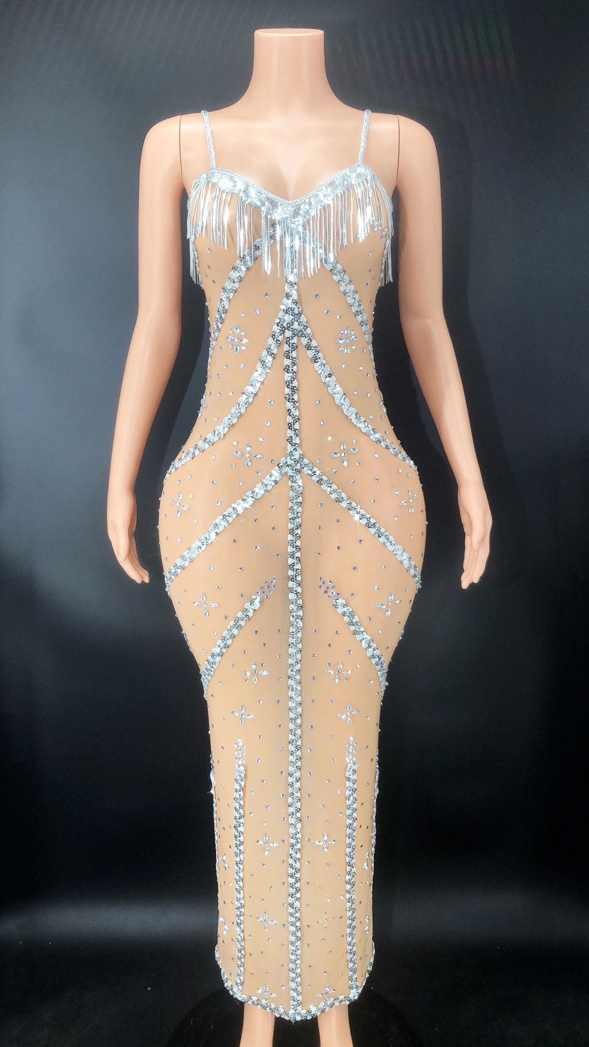 

Women Sexy Stage Colorful Sequins Stones Transparent Evening Celebrate Dress Birthday Prom Performance Dance Plus Size