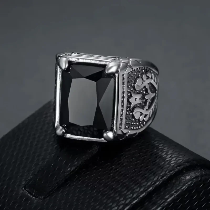 Simplicity Vintage S925 Sterling Silver Mens Tulip Signet Rings With Black Stone Retro Flower Engraved Punk Rock Jewelry Gift 5