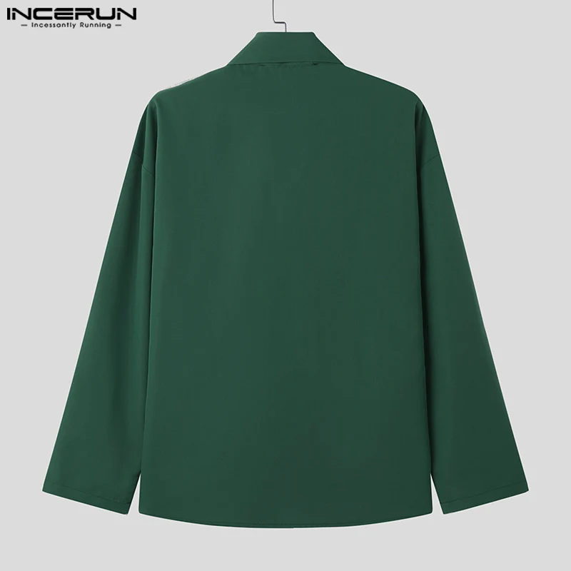 INCERUN Men Shirt Solid Color Lace Up Long Sleeve Loose Casual Men Clothing Streetwear 2024 Fashion Leisure Male Shirts S-5XL