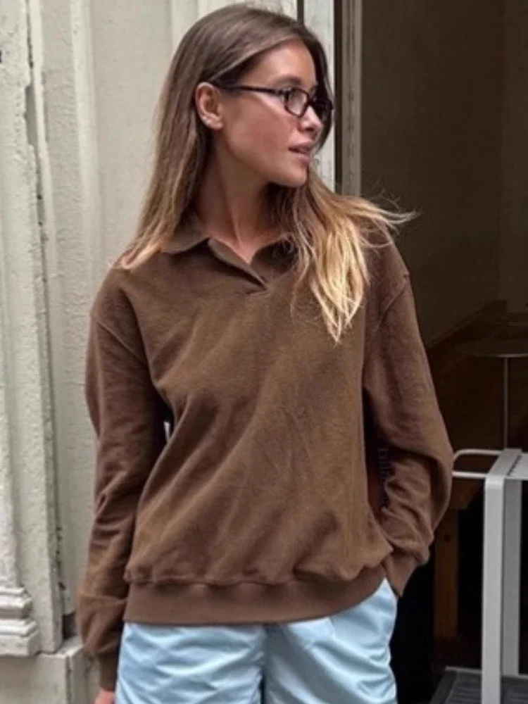 Casual Polo Collar Pullover Tops For Women Autumn 2025 New Solid Loose Long Sleeves Patchwork Outfits Female Pullover Top
