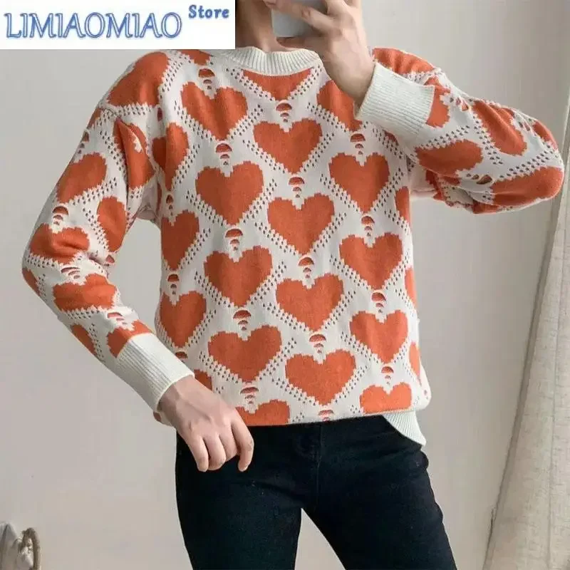 

Новый осенне-зимний модный корейский вариант с цветными блоками Love жаккардовый круглый вырез свободный и универсальный женский вязаный свитер в западном стиле