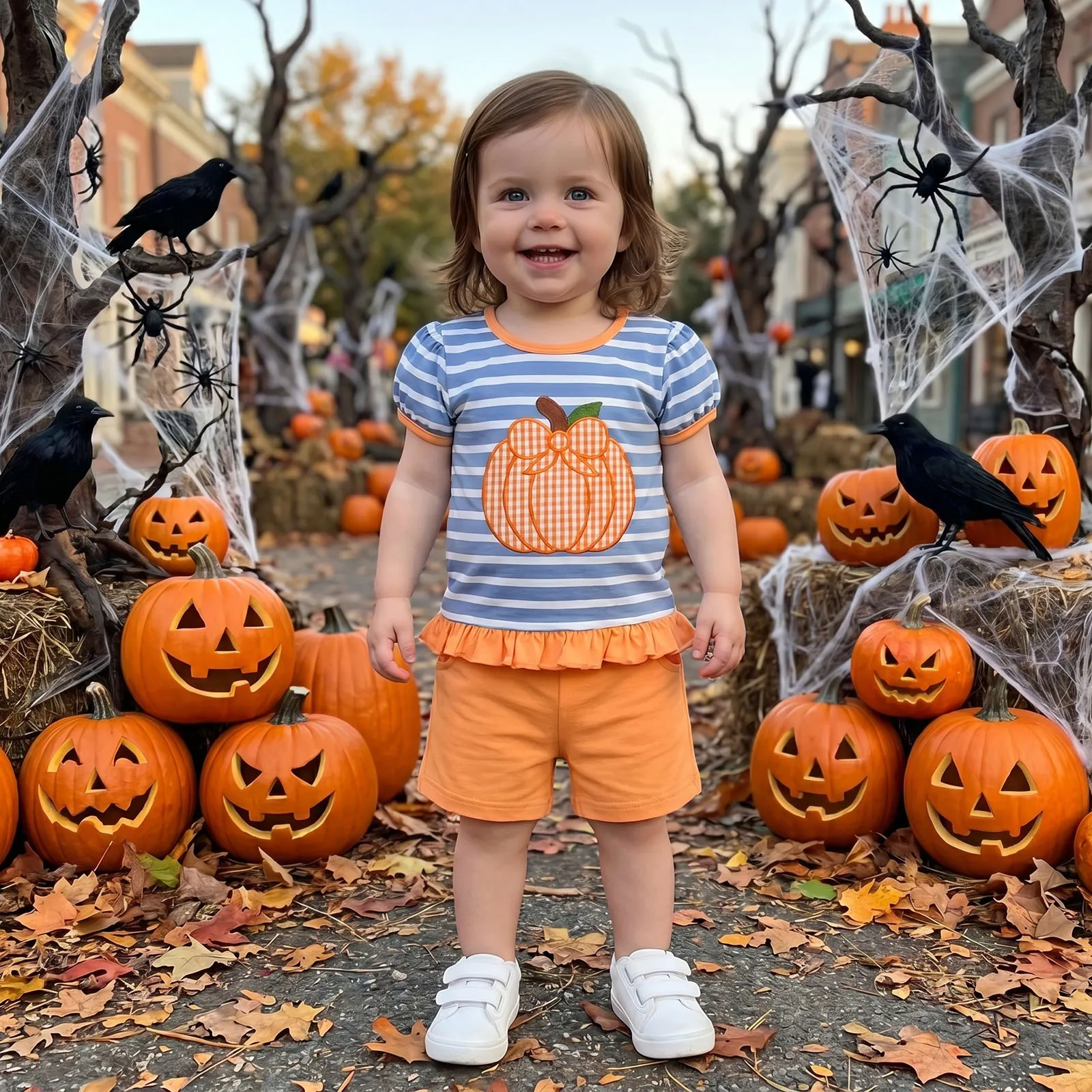 2026 Summer Toddler Baby Girls Halloween Outfits Adorable Pumpkin Embroidery Short Sleeve Round Neck Striped Tops and Shorts Set
