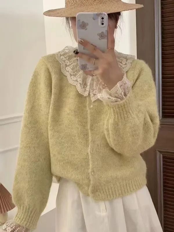 

Мягкий желтый вязаный кардиган с кружевной отделкой, женский ор Sle, осень-зима, новый милый молодежный универсальный свитер, свободный крой, длинный ...