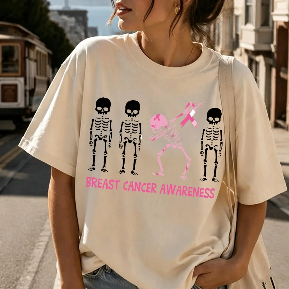 Funny Dabbing Skeleton Pink Ribbon Breast Cancer Awareness Graphic T-Shirt Short Sleeve Cotton Halloween Support Men Women Shirt