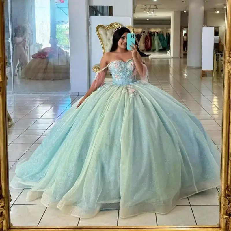 Customized Mint Green Glitter Crystal Quinceanera Dresses Ball Gown 3D Flowers Appliques Lace Corset Vestidos De XV Anos