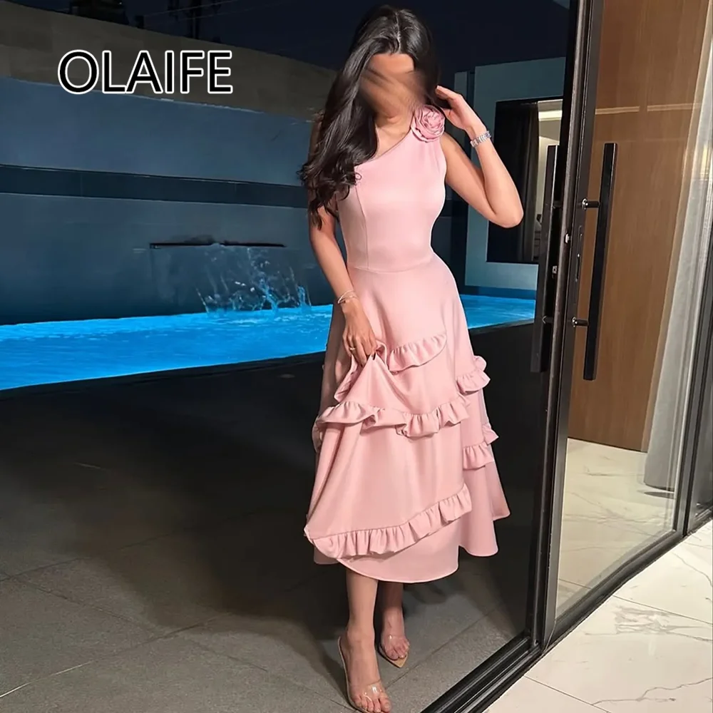 Elegante monospalla in raso a strati a trapezio lunghezza tè abito da sera formale da damigella d'onore senza maniche abito da sera saudita personalizzato