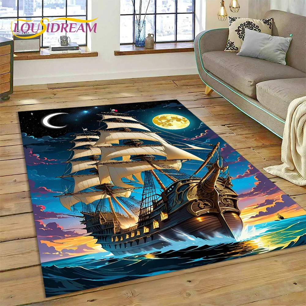 Ancient Pirate Ship Boat,Barque,Sailboa Rug Carpet for Living Room Bedroom Decor,Floor Mat Non-slip Decoration for Sofa Doormat