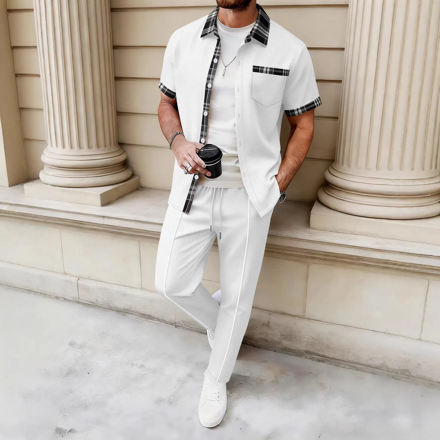 

The new men's stylish waffle texture checkered decorated collar button-down shirt and the elastic-waist pants casual suit