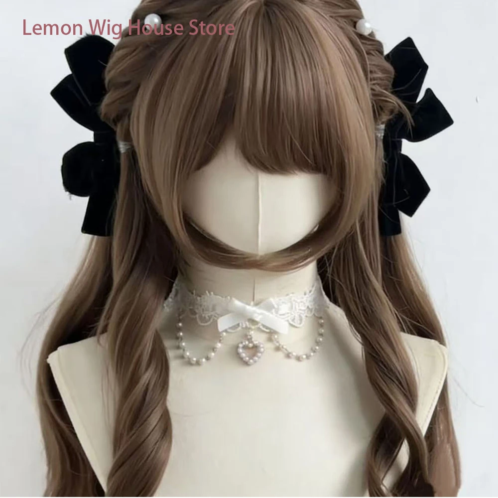 Picture 5: Long Curly Synthetic Wig Lolita Double Ponytail Wig with Bangs for Women Daily Use High Quality Fiber Wigs Girl Long Curly