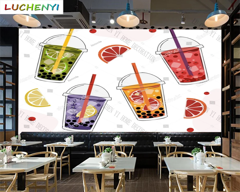 Custom fruit tea juice bubble tea lemonade mural wallpaper restaurant drinking shop dining room wall papers home decor sticker