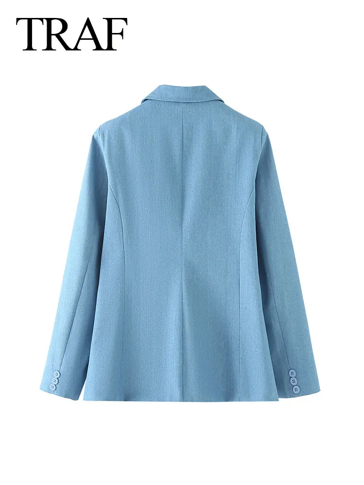 Traf 2024 Lente Dames Blauwe Blazer Stevige Lange Mouwen Zakken Elegante Single Knoop Woon-Werkverkeer Kantoor Dames Dames Streetwear