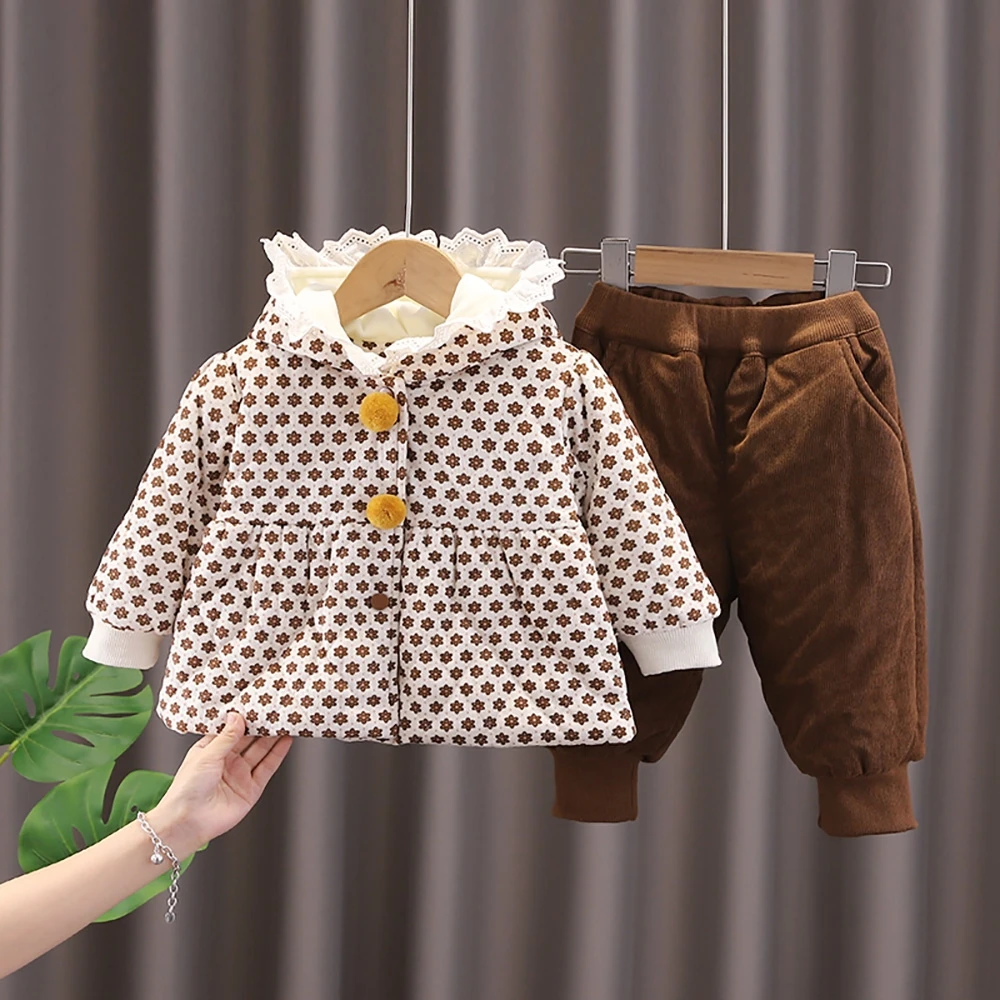 

Warm Thick Cute Floral Infants Children Clothes Winter New Cardigan Hooded Padded Jacket+Solid Cotton Pants Baby Girls Outfit