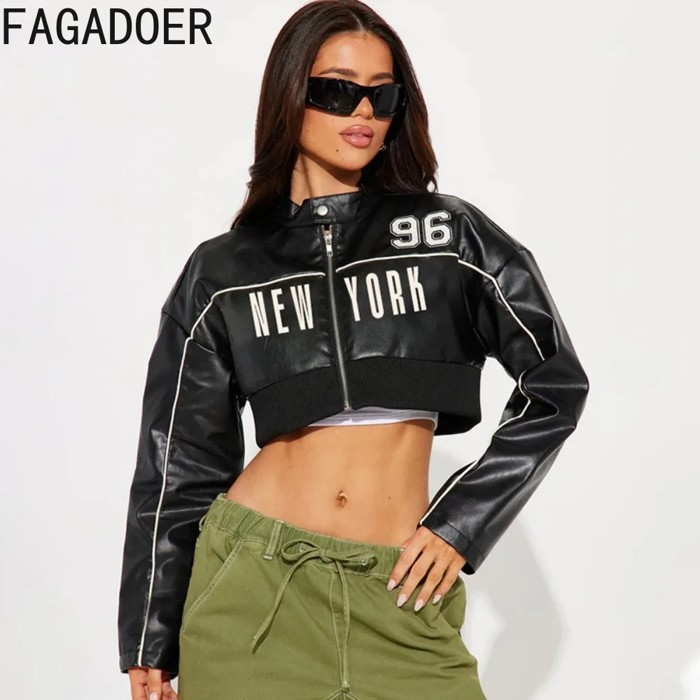 FAGADOER Y2k Leather Jacket Women Black Letter Print Moto Punk Coat Zipper Cropped Jackets Hot Girl Streetwear Clothing New