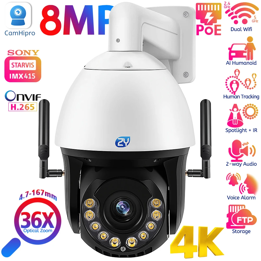 8MP 36X Optical Zoom WiFi PoE Speed Dome Camera Outdoor 4.7-167mm Humanoid Tracking Auto Zoom Color Night 4K Surveillance Camera