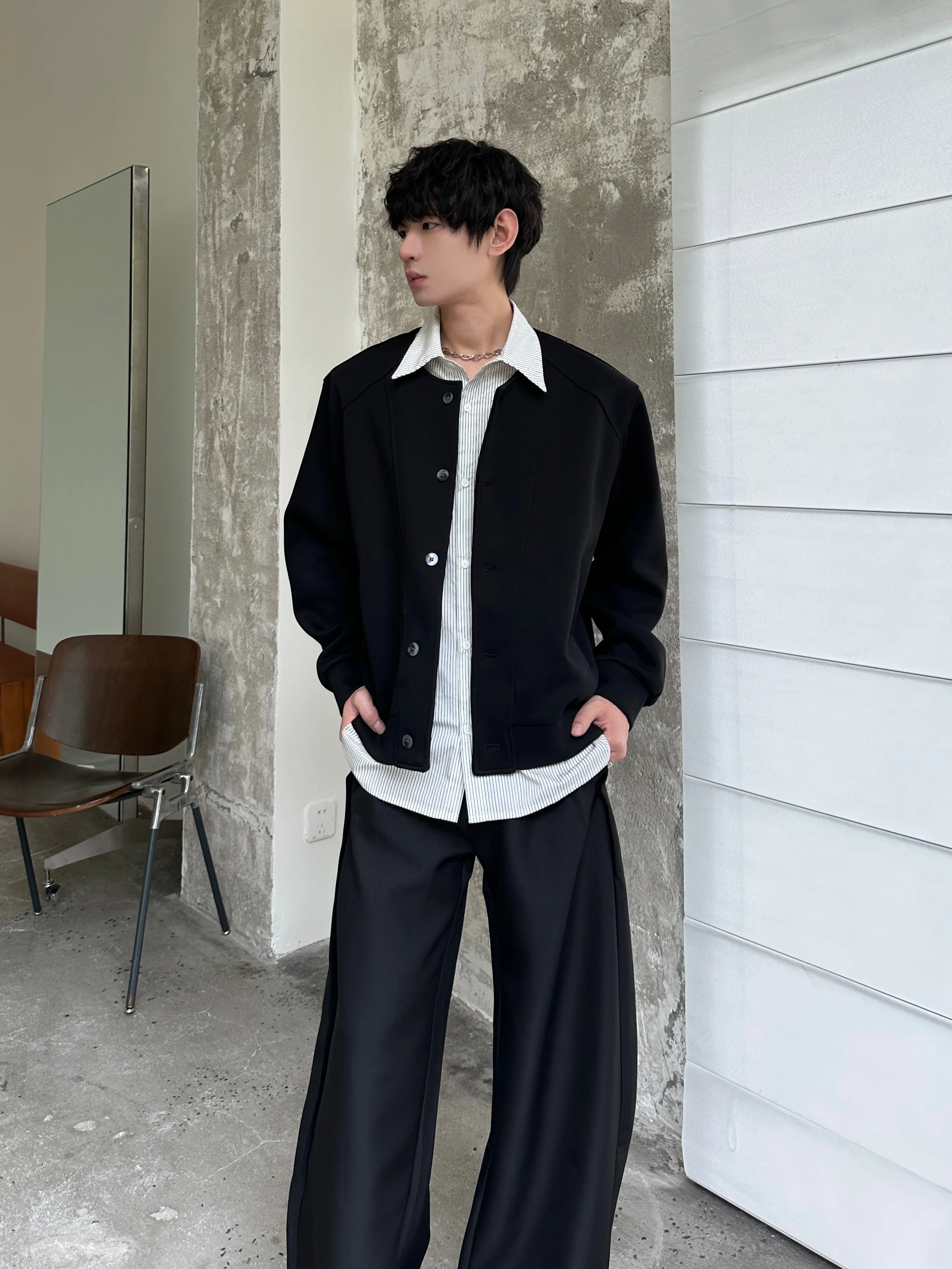 Loose Fit Shirt Collar Sweatshirt Men's Patchwork Open Cardigan Short Outerwear Casual Style Pure Color Cotton Polyester