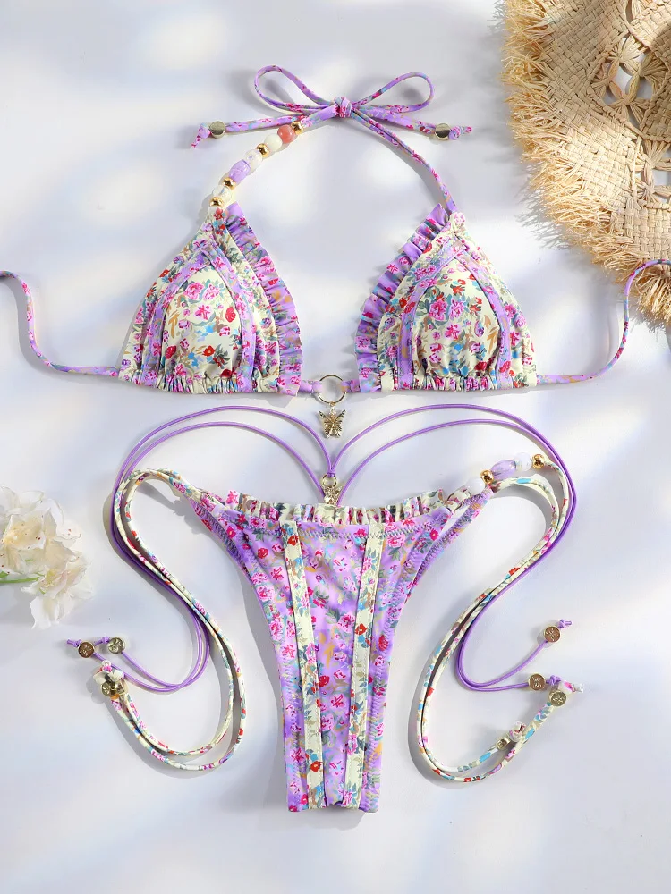 Sexy Triangle Mini Bikini Sets Micro Thongs Swimsuit Women Bathing Suit Biquini Bandage Beachwear Print Swimwear Thong Bikini