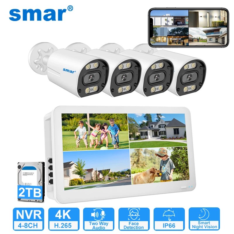 

Smar 8CH POE NVR Set with 12 Inch LCD Monitor 4K 8MP 4MP POE Camera System Outdoor Ai Face Detection Audio Video H.265 CCTV Kit