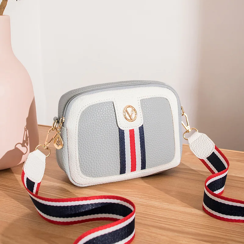 Women Bag Shoulder Crossbody Camera Phone Bag Grey Red Pu Leather Zipper Strip Korea Wholesale Girls Lovely Summer Purse