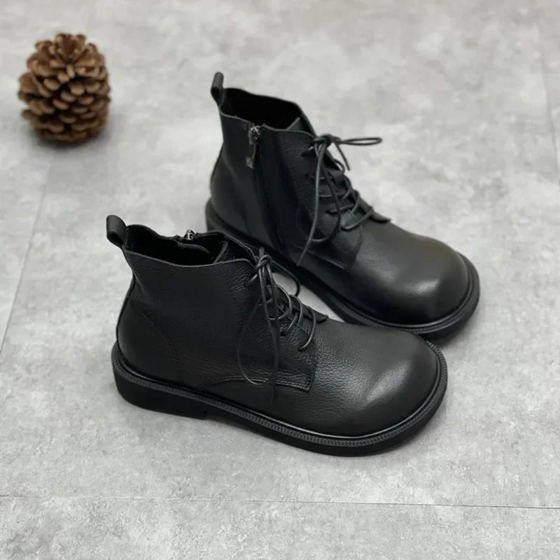 Wide Toe Shoes Handmade Genuine Leather Women\'s Boots Soft Bottom Side Zipper Casual Boots