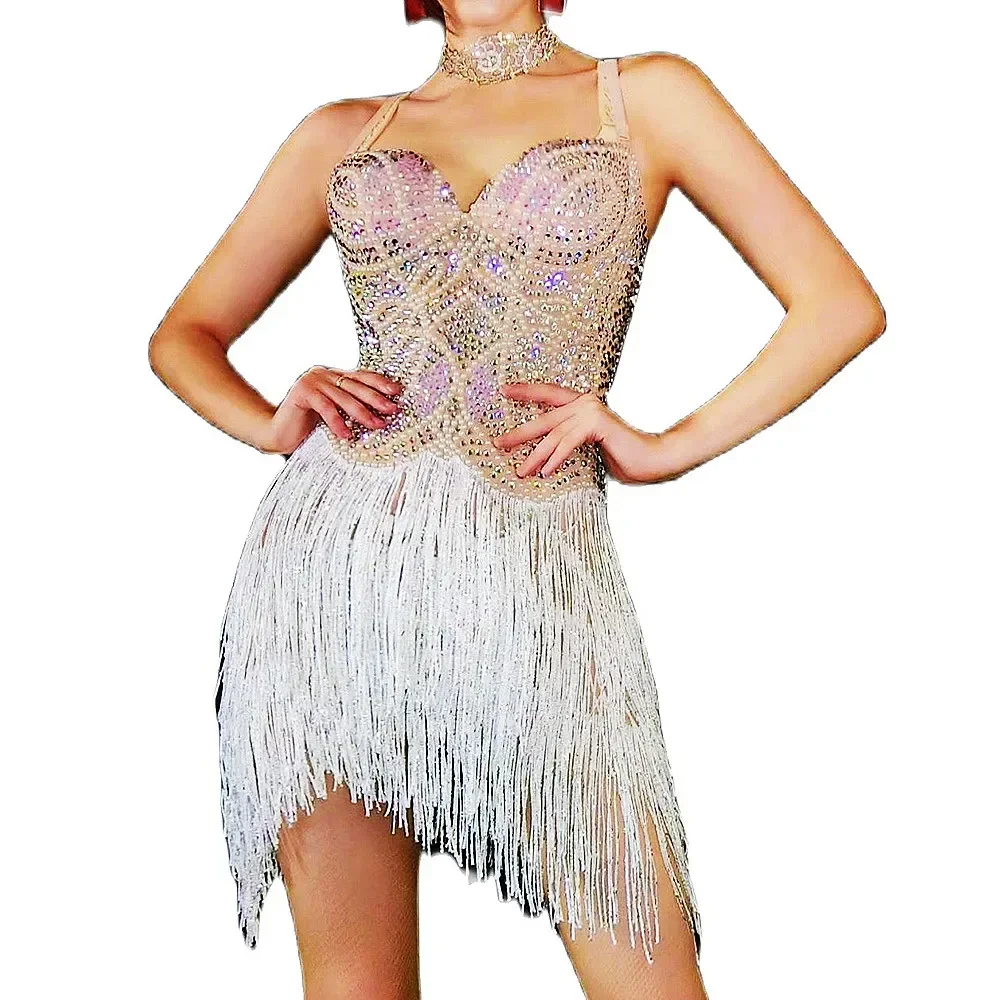 

Sparkly Halter Backless Dress Women Dresses White Crystal Tassel Fairy Dress Birthday Prom Celebrate Outfit Nightclub Costume