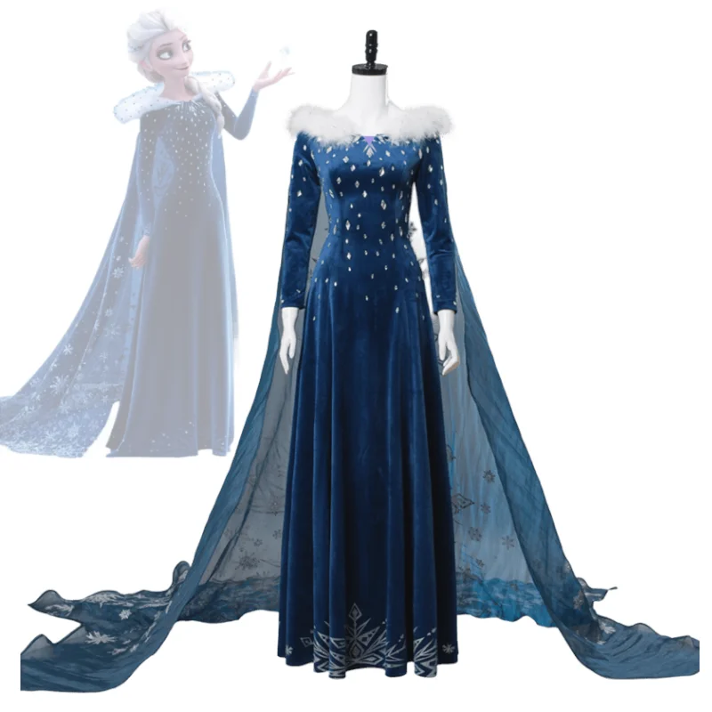 Disfraz de Elsa para Adulto Frozen: Una Aventura de Olaf Vestido de Terciopelo Azul Oscuro Traje de Navidad con Capa para Mujer Fiesta Role Play