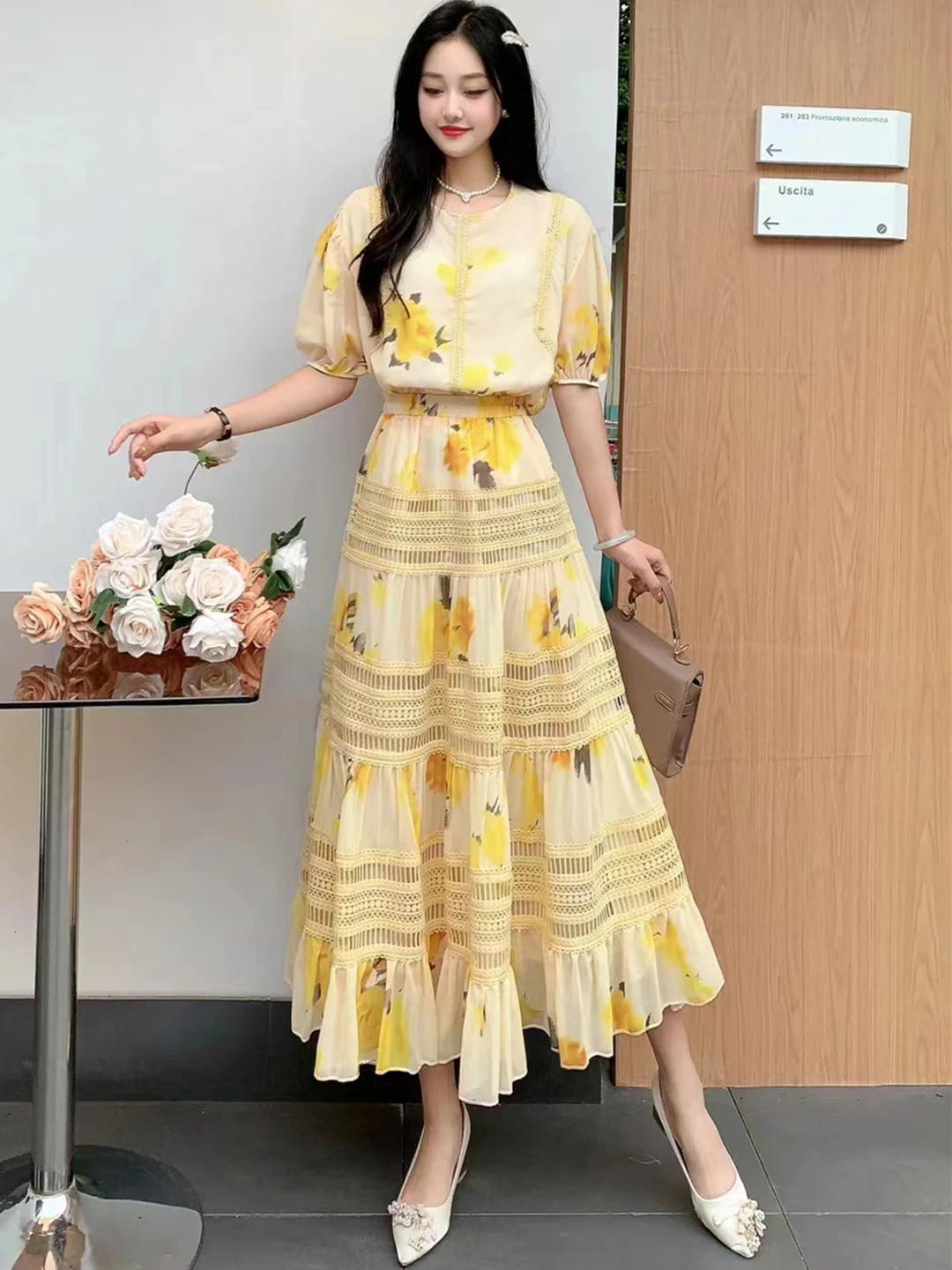 2024 New Summer Women Elegant Floral Skirt Suits Loose Short Sleeve Chiffon Shirt And Lace Patchwork Long Skirt Two Piece Set