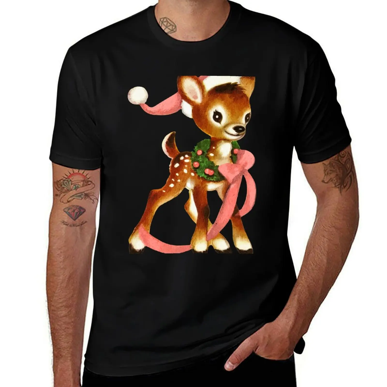 Retro Christmas Cute Reindeer with Wreath T-Shirt Dry Fit Running Short Sleeve Top