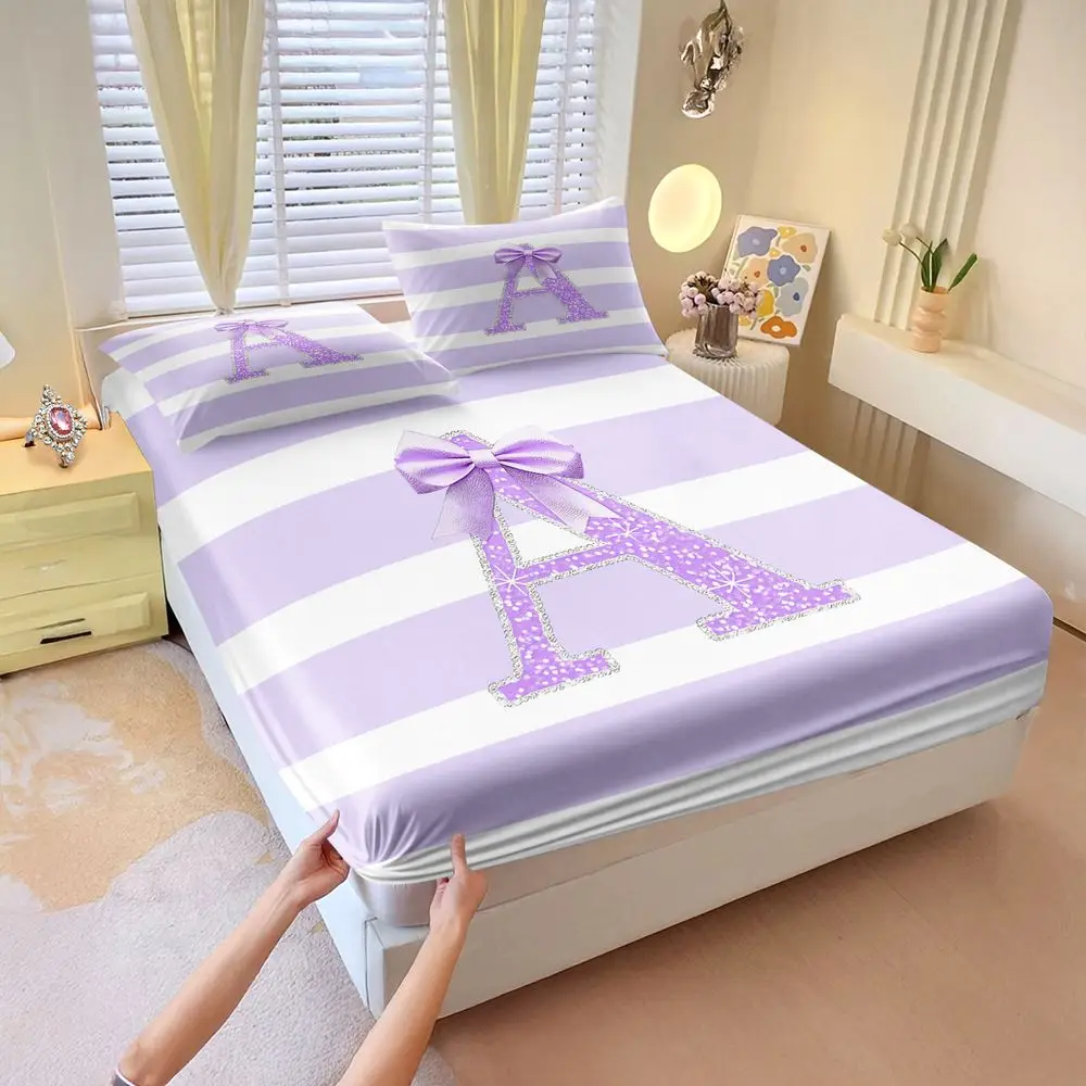 Lavender Glitter Bow Stripe Print Fitted Sheet Set Bed Sheet Set Bedding Set No Fillers Decor For Teen Girls Bedroom