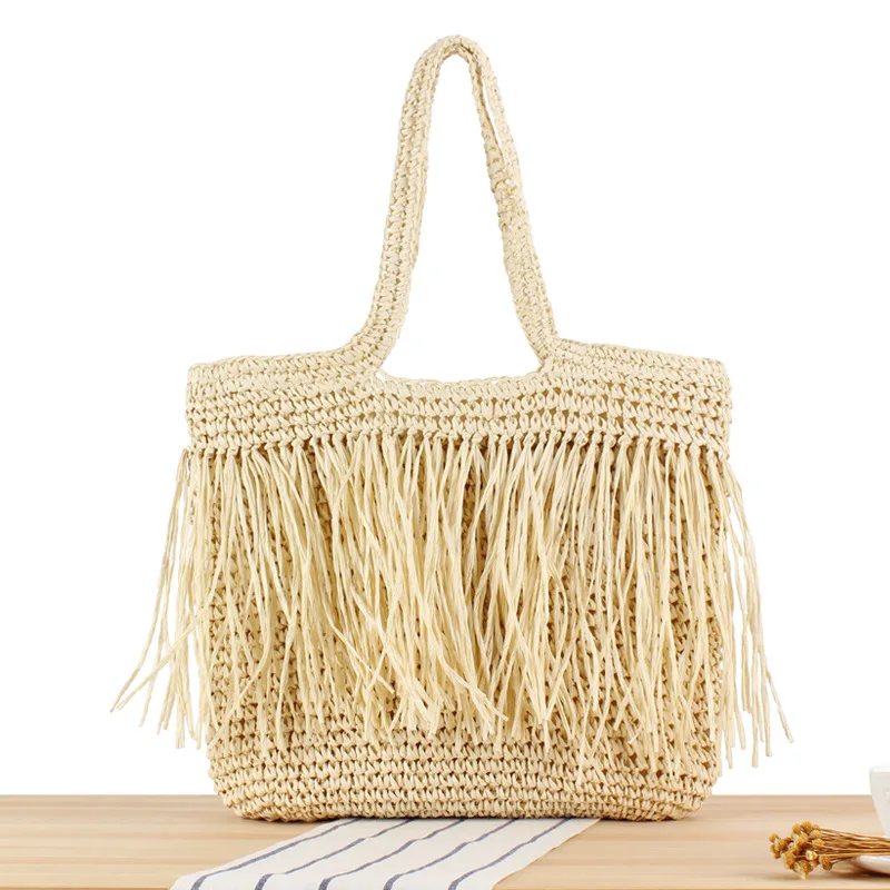 Straw Shoulder Bags Woven Solid Straw Female Tote Bag Designer Luxury Handmade Fashion Holiday Casual Top-Handle Bag Beach Purse