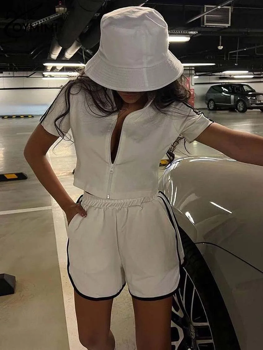 

Oymimi Casual White Patchwork Women 2 Piece Set Outfit Elegant Stand Collat Short Sleeve Zipper Crop Top + High Waist Shorts Set