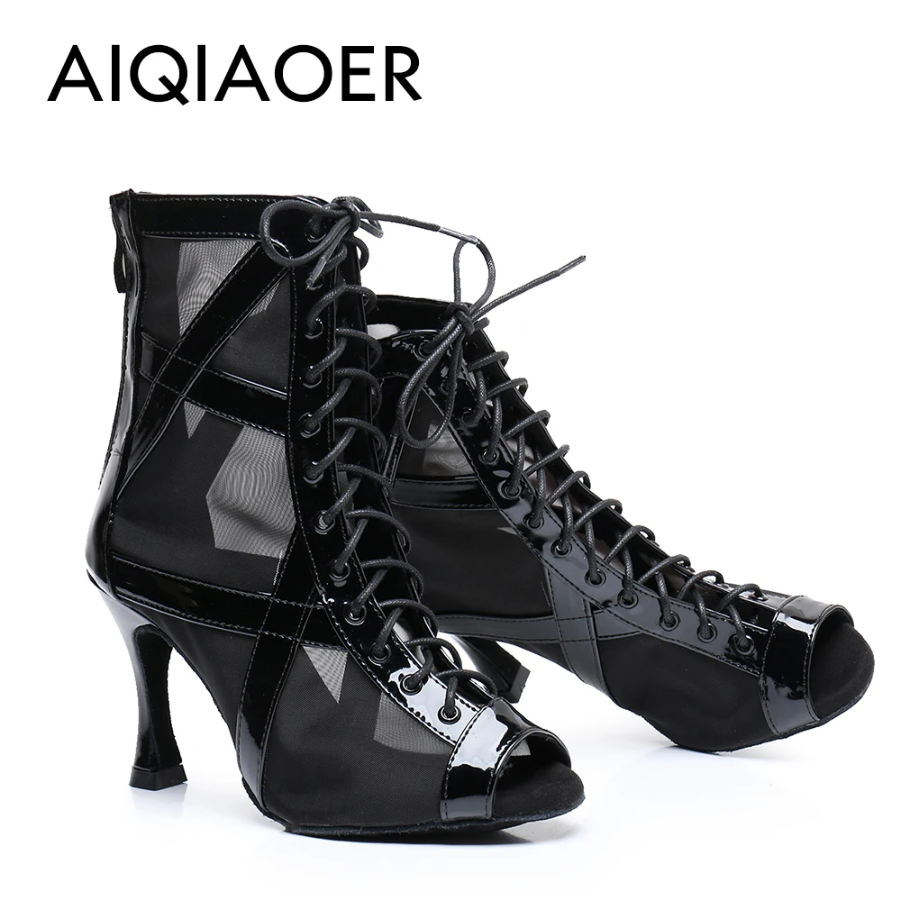 Latin Dance Boots Ladies Salsa Tango Ballroom Party High Top Women's Boots Black Mesh Girls High Heel Sandals Sports Dance Shoes