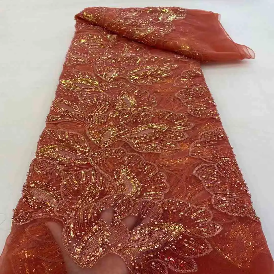 Custom Made Dyeing Beaded Lace Fabric Floral Embroidered Tulle with Sequins Wedding Dress Bridal Gown Material Appliqued Textile