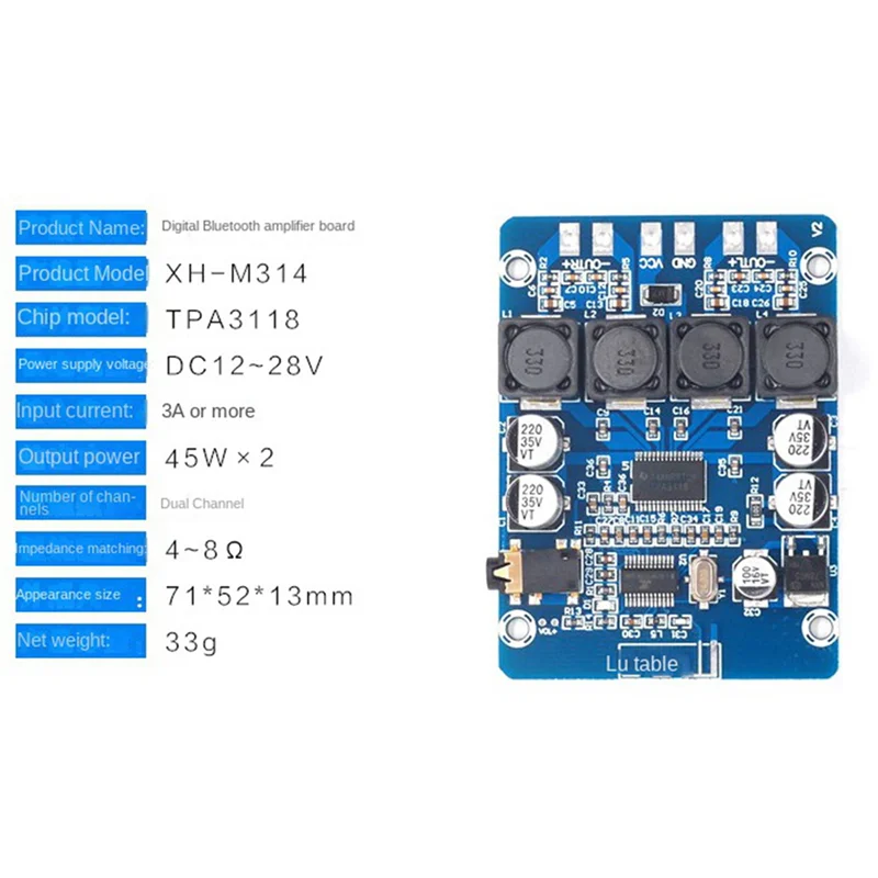 B92B-5X XH-M314 Bluetooth Digital Power Amplifier Board TPA3118 Dual 45W Audio Module AUX Decoding
