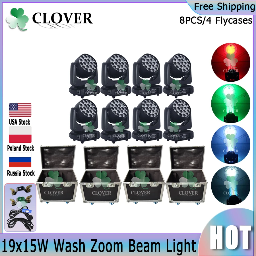 

0 Tax 8Pcs Dmx512 19X15W Led Wash Zoom Rgbw Moving Head Light 4 Road Cases Stage Spot Light Lyre Wash Zoom Beam For Disco Party