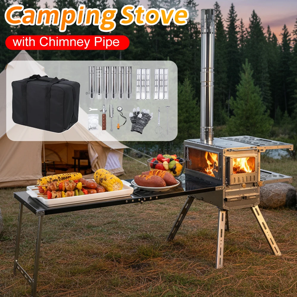 

Outdoor Stove Hot Tent Stove Portable Camping Stove with Oven & Camping Table and 6 Chimney Pipe for Cooking,Tents,Car Travel