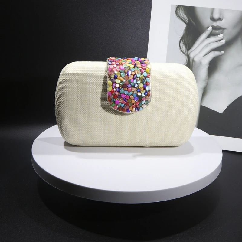 Fashionable Woven Evening Clutch Creamy Crystal Stone Hardcase Purse Women's Formal Prom Wedding Party Handbag Bolsa Feminina