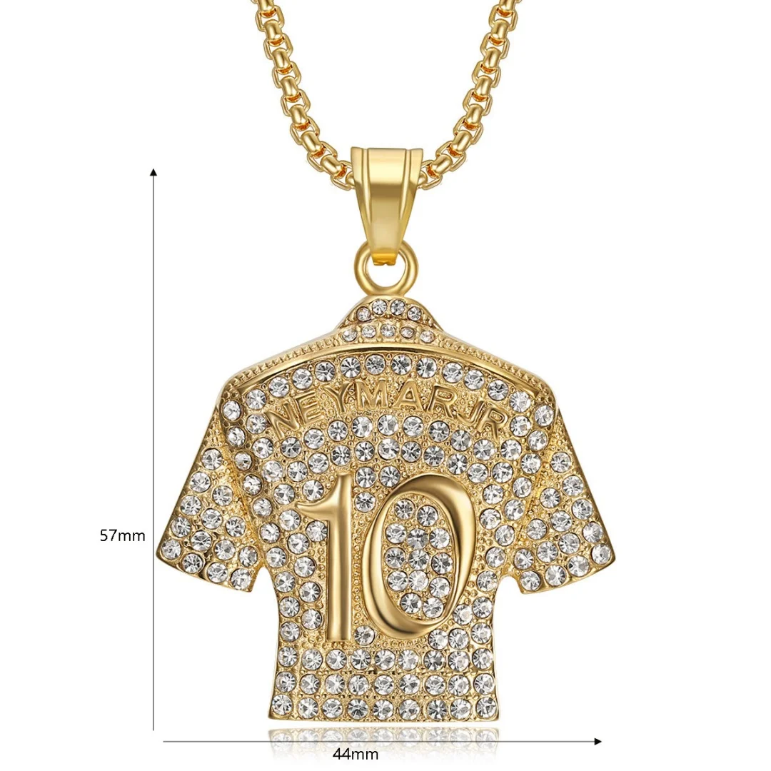 Hip Hop Football Jersey 10 Iced Out Shiny CZ Pendant Gold Silver Color Stainless Steel Sports Necklace for Women Men Jewelry