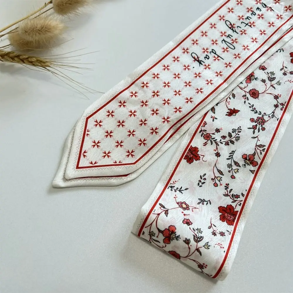 Summer Versatile Satin Silk Ribbon Scarf Long Thin Narrow Bag Strap Fresh Floral Fashion Accessory for Women