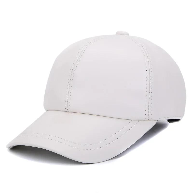 Men Genuine Leather Baseball Caps Women White/Red Simple Casual Dome Hat Male 55-58 cm Ajustable Chapeau Hockey Gorra Big Brim