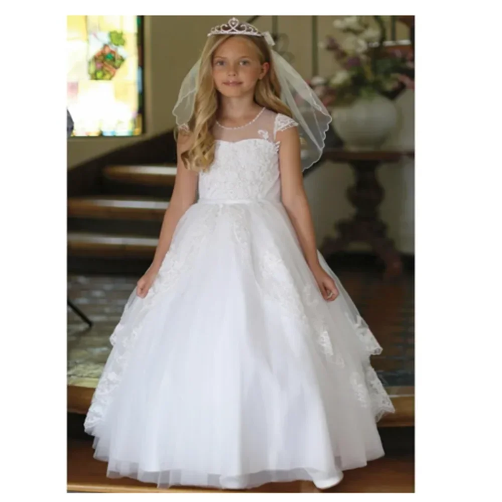 White Birthday Flower Girl Dresses Tulle Appliques Lace Hem Short Sleeve For Wedding  Party Banquet First Communion Gowns