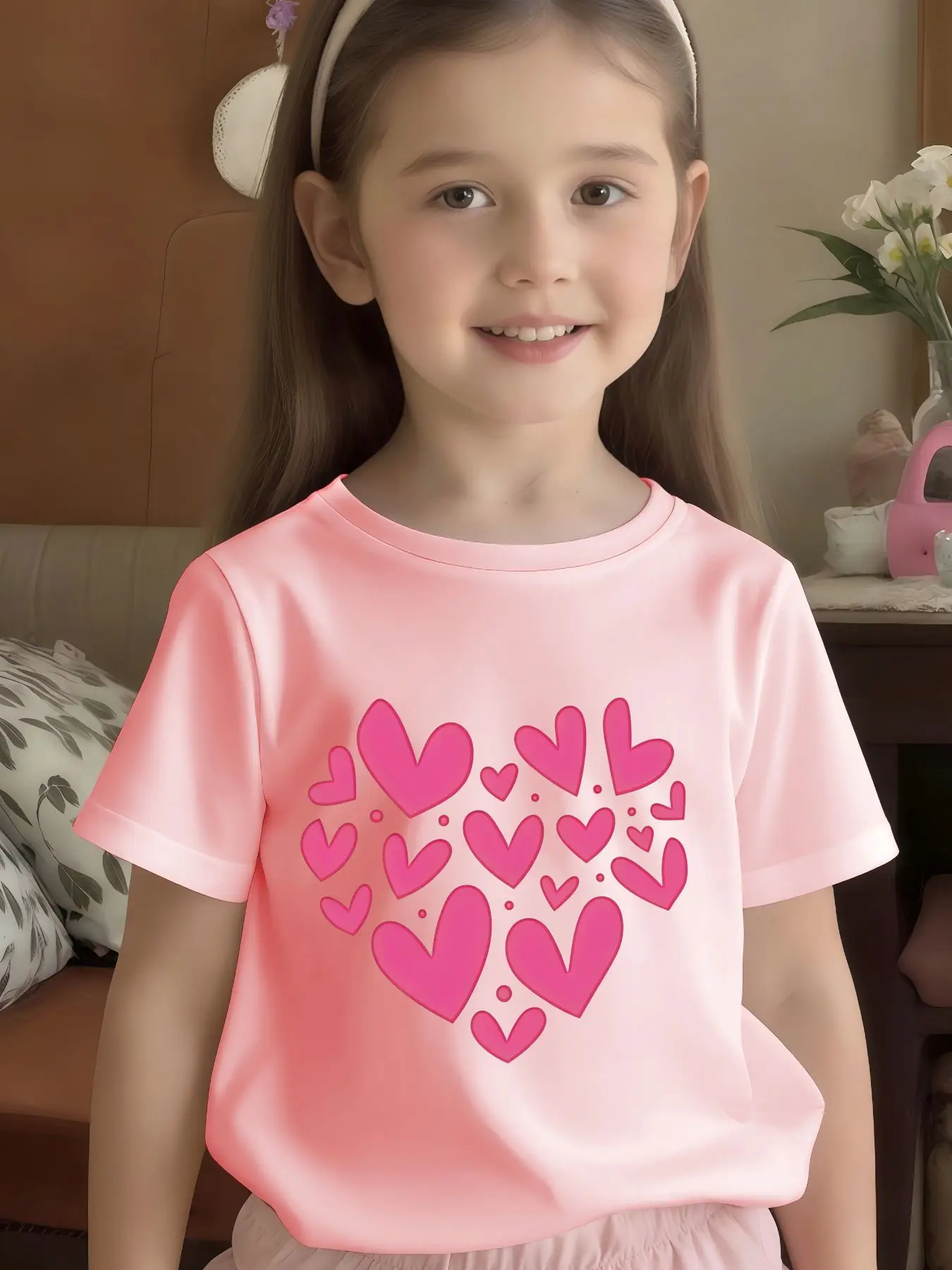 Cute Pink Multiple Hearts Print Graphic Kids Tee Boys Girls Family Matching Cotton Crew Neck Short Sleeve Soft Summer Tee