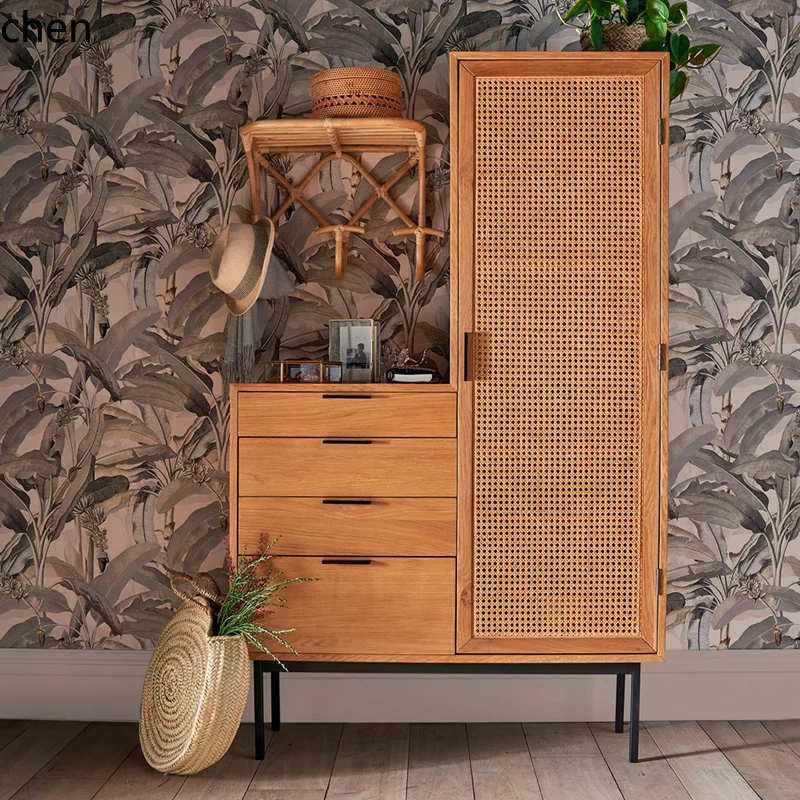 

HXL Rattan Wardrobe Solid Wood Hotel Apartment B & B Sliding Door Size Wardrobe