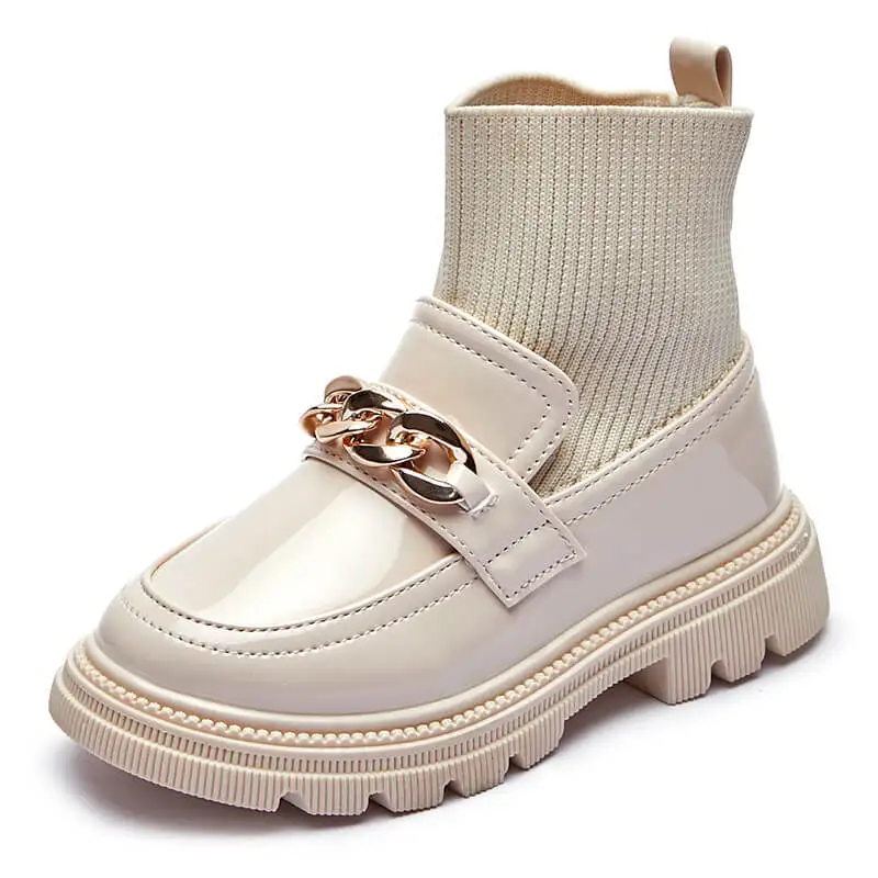 Girls Leather Boots Metal Chains Princess Boots Kids Ankle Boots Children Socks Boots Stretch Fabric Fashion Sweet Slip-on Soft