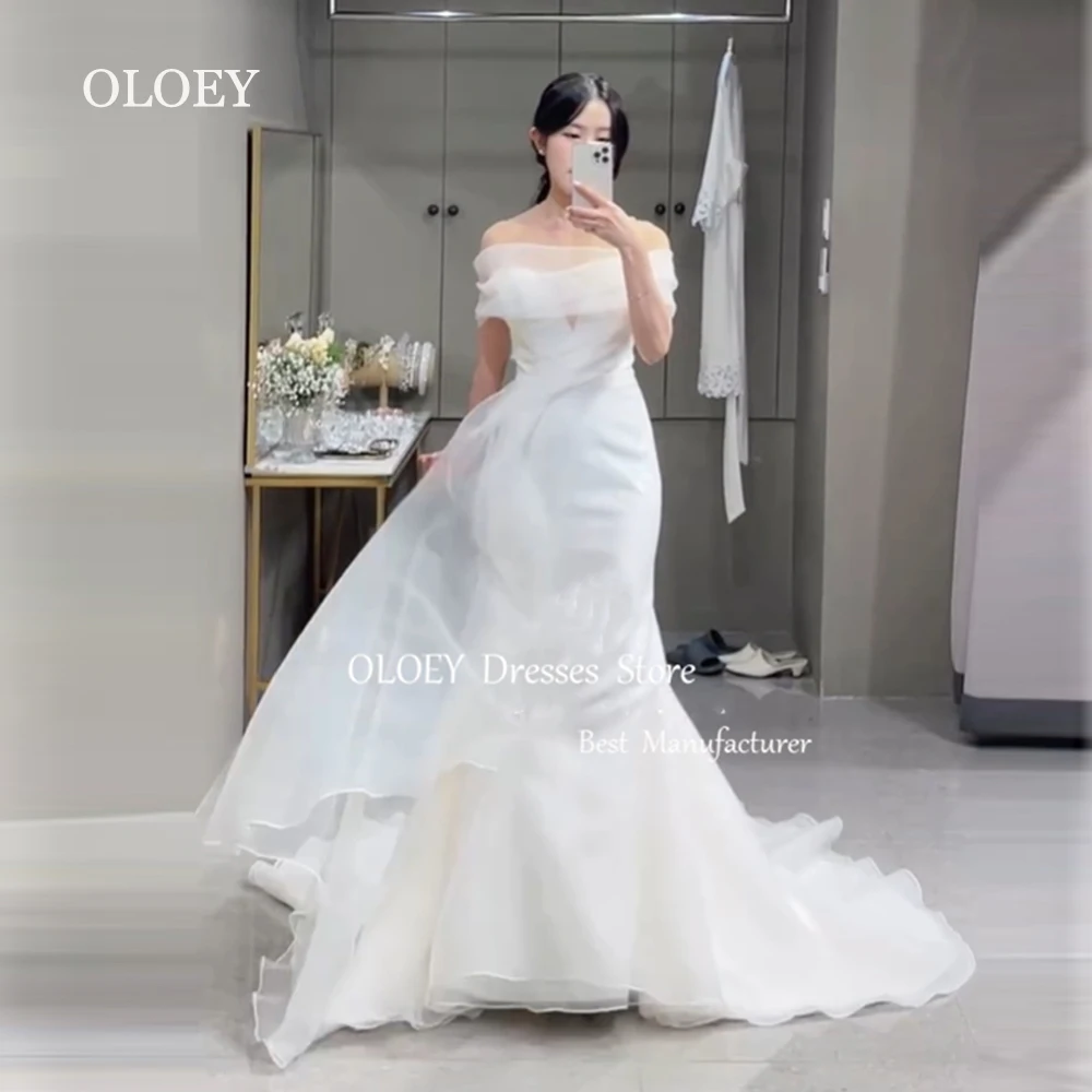 

OLOEY Elegant Ivory Mermaid Wedding Dress Korea Photoshoot Off Shoulder Long Bridal Gown Silky Organza Custom Corset Zip Back