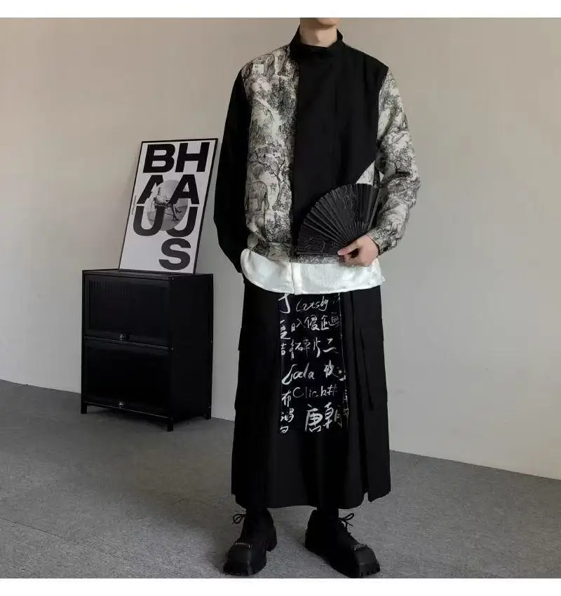 New Chinese Style Costume Men Women Water Ink Paintings Patchwork Standing Collar Jacket Niche Bisex Street Suit Han Elements