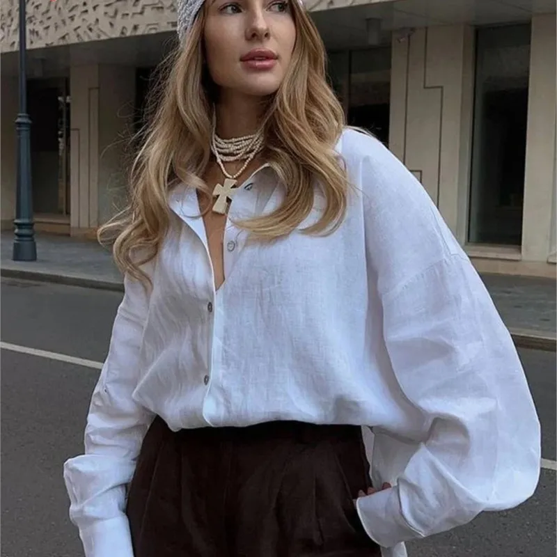 

Женская льняная белая рубашка с длинным рукавом, элегантная розовая свободная модная блузка, летняя винтажная базовая рубашка с верхним воротником для женщин