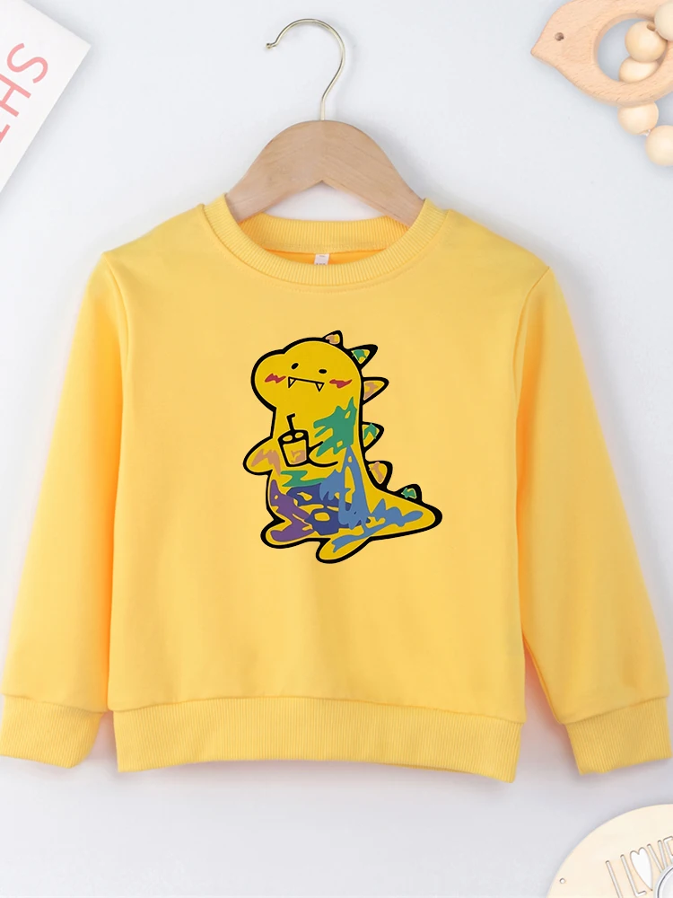 Cute Dinosaur Print Hoodless Baby Girl Boy Yellow Sweatshirts Comfy High Quality New Hot Sell Unisex Y2K Kawaii Sweater Clothes