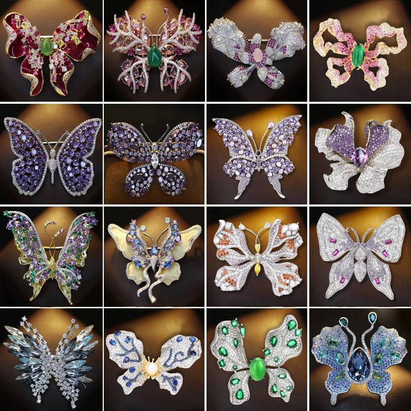 OKILY Luxury Red Corundum Butterfly Brooch Pins Exquisite Enamel Pins Broche for Women Accessories Colored Zircon Corsage Decor