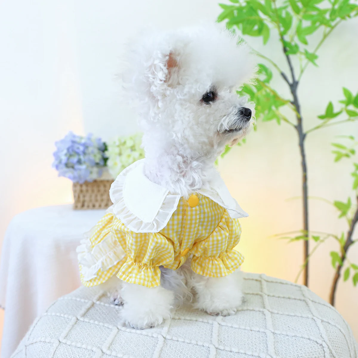 1PC Pet Clothing Cat Spring/Summer Breathable Yellow Plaid Countryside Style Princess Dress Suitable for Small and Medium Dogs