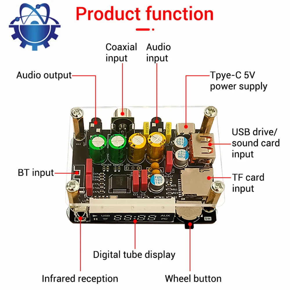 ZK-DAM-K1 DC 5V Preamp DSP Tuning Bluetooth USB Flash Drive Sound Card Coaxial TF Decoder Board 1-3A TYPE-C Interface Module